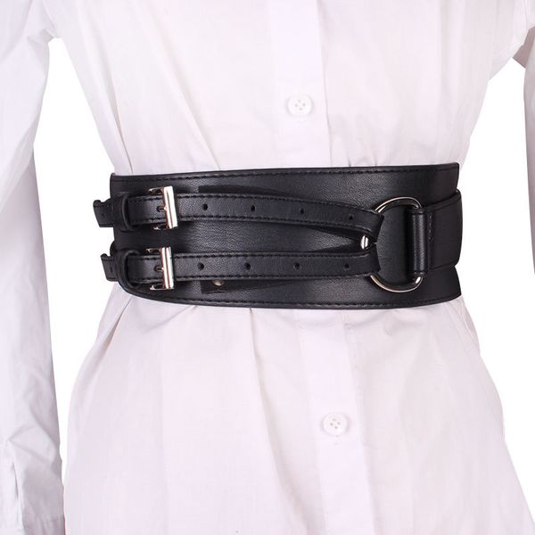 

belt special offer pu bandoleira 2020 new retro solid color double buckle ring wide belt women's wild fashion waist girdle, Black;brown