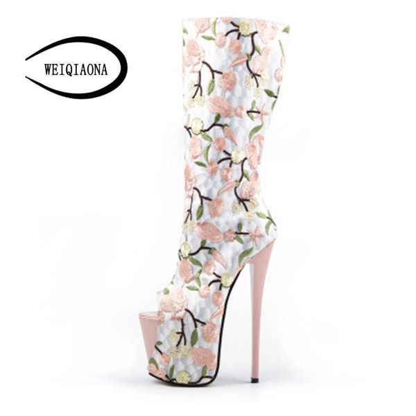 

weiqiaona women shoes big size 34-47 peep toe zipper high heels high platfrom embroidery flowers catwalk shoes model, Black