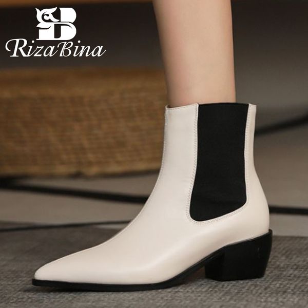 

rizabina new fashion ankle boots pointed toe thick heel slip on shoes stretch winter female shoes winter outdoor plus size 32-46, Black