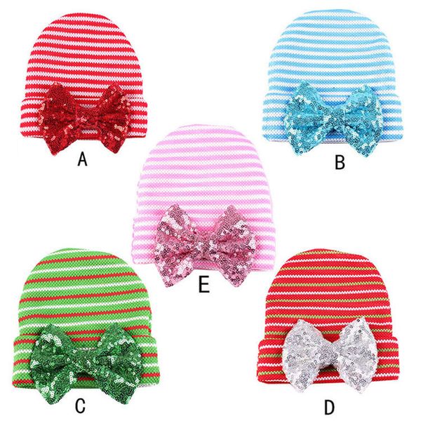 

infant baby girls hat beanie sequin bow stripes knitted hat parent and child europe and america christmas baby gift, Yellow