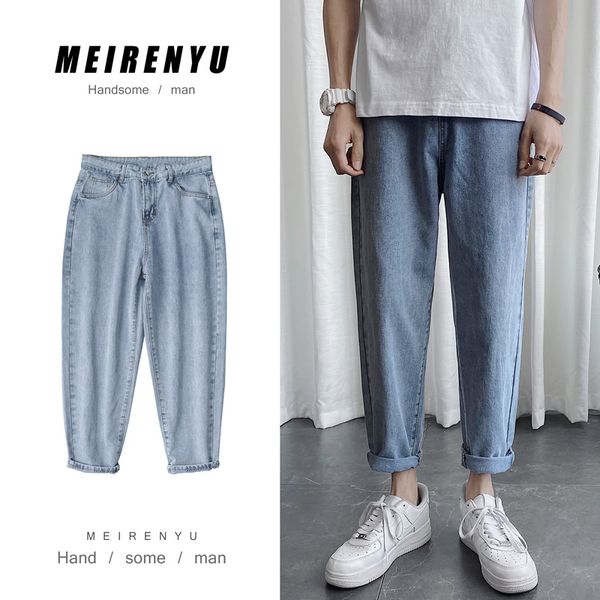

jeans men's straight loose trendy brand ins ruffian handsome men's pants slim feet nine points loose super fire cec pants, Blue