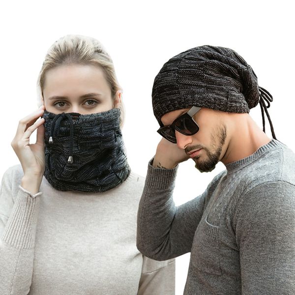 

3 in 1 multifunctional scarf women men winter thermal fleece scarfs snood neck warmer face mask beanie hats, Black