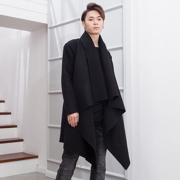 

men's wool & blends woollen coat autumn/winter british tweed medium length loose irregular cardigan trend, Black