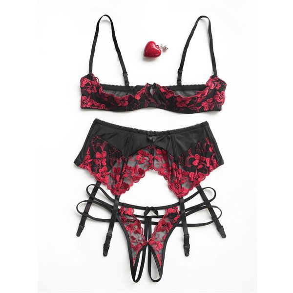 

bras sets lovers' underwear lace seductive women hollow out chest ultra-thin underwire bra panty garter lingerie set intimate clothes, Red;black