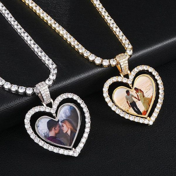 

heart custom ps rotating double-side memory medallion solid pendant necklace hollow heart zircon gifts hip hop jewelry, Silver