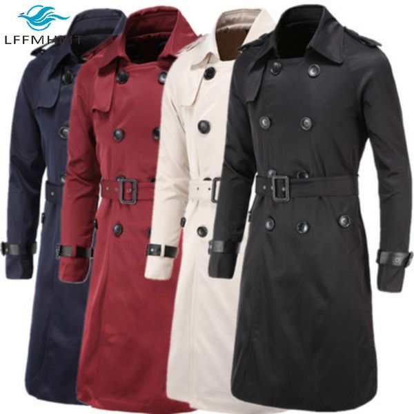 

men new england style classical long trench double breasted sleeve adjustable leather belt lapel jacket slim casual outwear coat, Tan;black