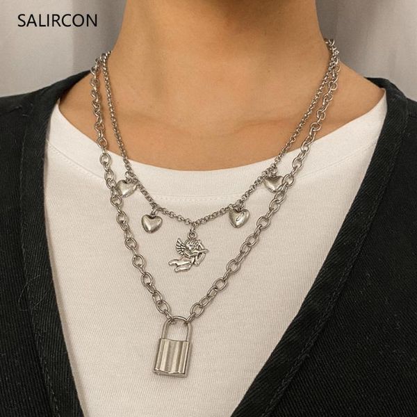 

pendant necklaces salircon punk love heart lock angel choker necklace 2021 goth multi layer link chain silver color women jewelry