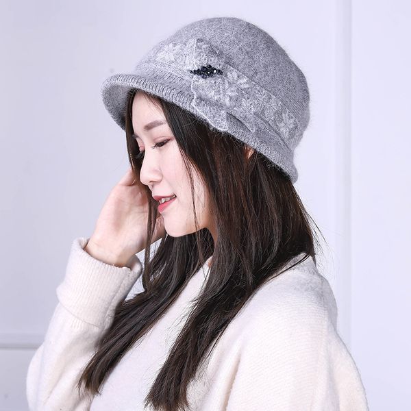 

angora hat women winter knit bucket hat beanie warm autumn soft double layers thermal snow outdoor accessory female, Blue;gray