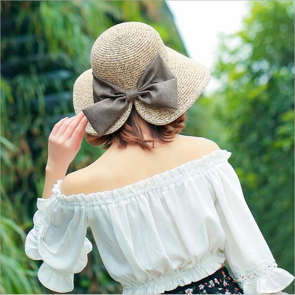 

elegant women's sun hat big bow wide brim floppy summer hats for female beach panama straw hat sun protection visor femme cap, Blue;gray