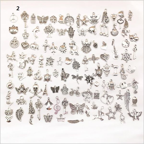 Direkt ab Werk, 100 Stück, tibetische Silber-Charms, kleine Anhänger, Mix aus vielen Arten von Schmuck-Accessoires-Ergebnissen, passend für Armbänder und Halsketten