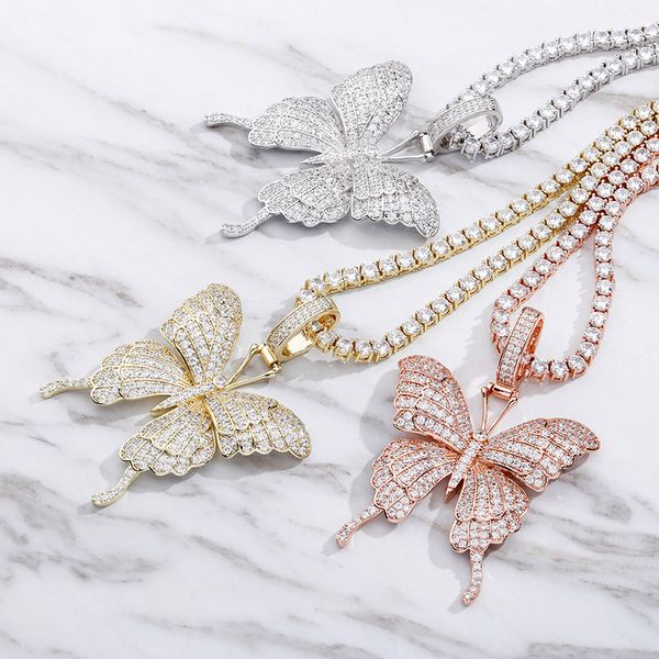 

hip hop micro paved cubic zircon charm butterfly pendant necklace for men women rapper jewelry gifts drop shipping, Silver