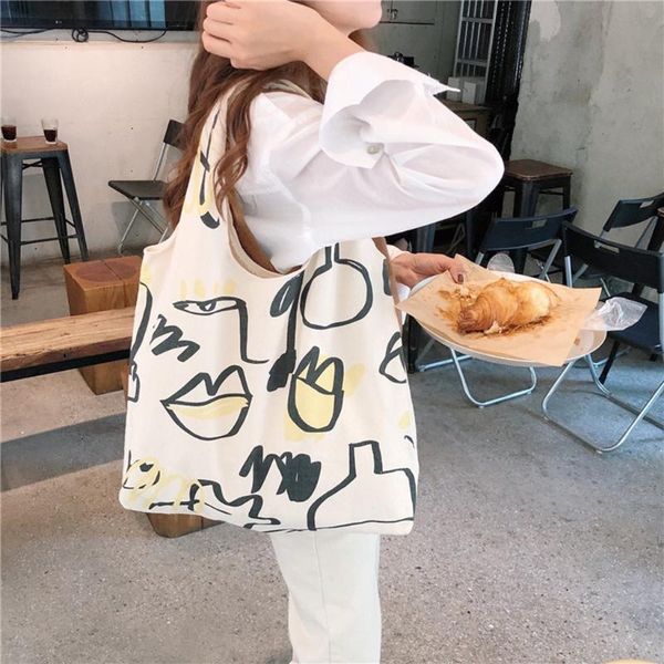 

women's fashion cotton canvas bag ladies print large capacity shopping bag white women shoulder tote bolsa feminina#25