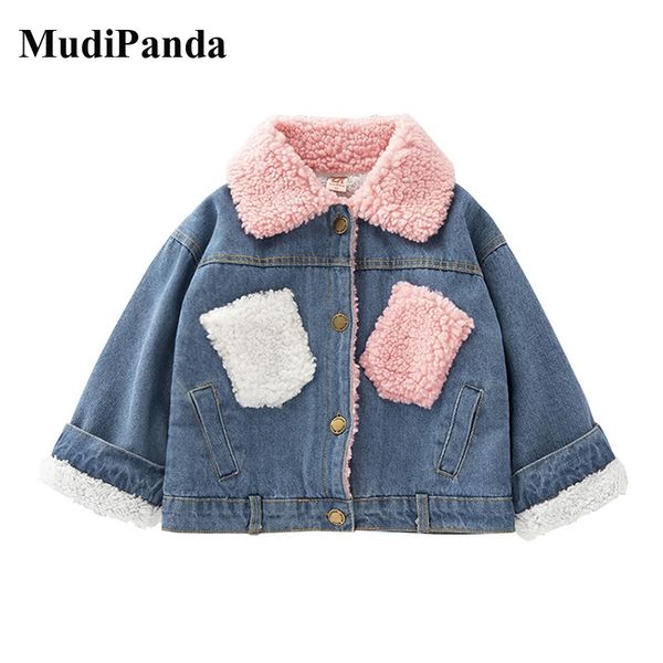 

mudipanda winter fur jean jacket for children girl windbreaker kid parkas fleece denim coat baby 12t 14t clothes outerwear ay087, Blue;gray