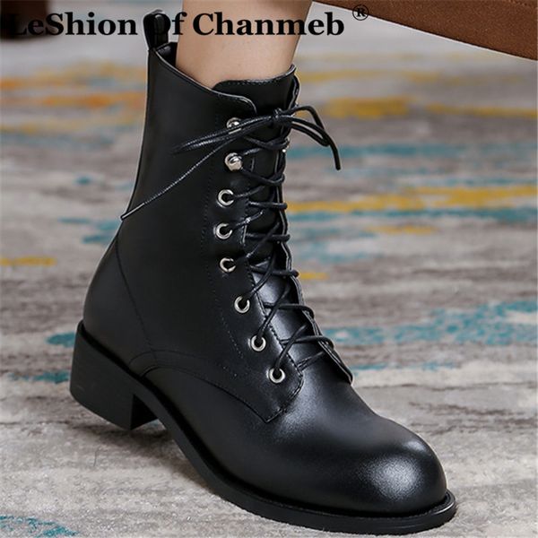 

big plus size 48 women lace up combat boots shoes woman lady medium square heels boots female autumn winter warm shoes, Black