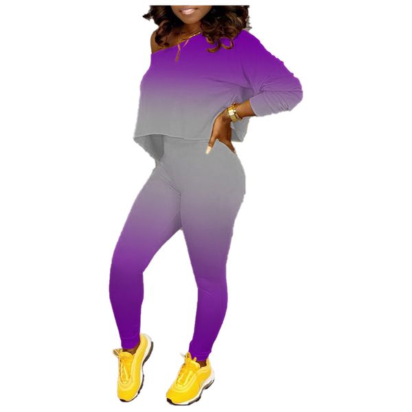 

gradient color print womens two piece pants long sleeve loose casual designer tracksuits fashion female clothing, White