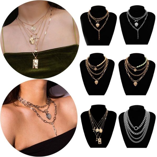 

women layered rose cross pendant choker necklace set boho golden carve portrait coin long chain necklace christian gifts, Silver