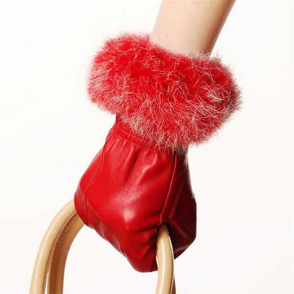

brand genuine leather gloves women sheepskin gloves fashion trend hair finger driving glove el002pc, Blue;gray
