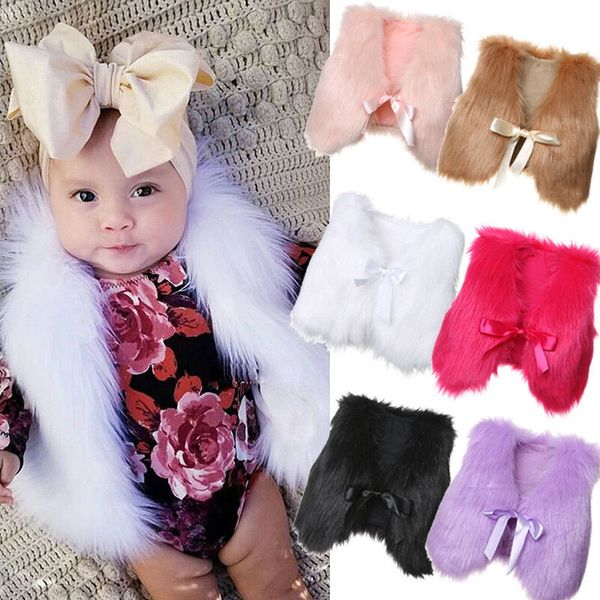 

newly toddler baby girls kids faux fur vest waistcoat baby girl warm winter bow belt white coat outwear jacket, Blue;gray