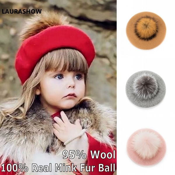 Laurashow Bebek Bere Sıcak Yün Kış Beanie Şapka Ile Gerçek Kürk Topu Pom Poms Kız Vintage Düz Çocuklar Bere Şapka Ebeveyn-Çocuk Kap LJ200917