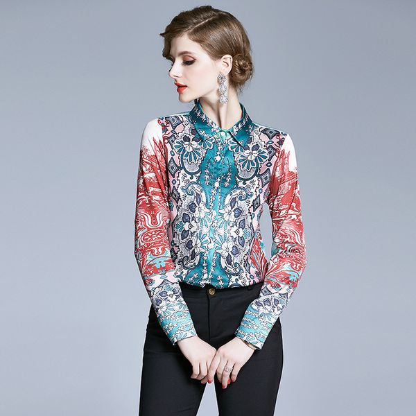

s  l xl xxl new summer 2020 women shirt long sleeve red blue digital animal print slim office lady blouse, White