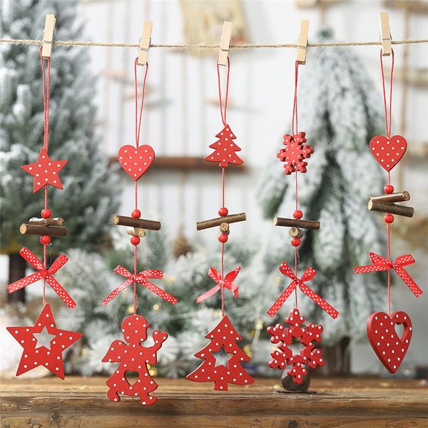 

2020 new diy red christmas snowflakes&star&tree wooden pendants ornaments home christmas party xmas tree kids gifts decorations