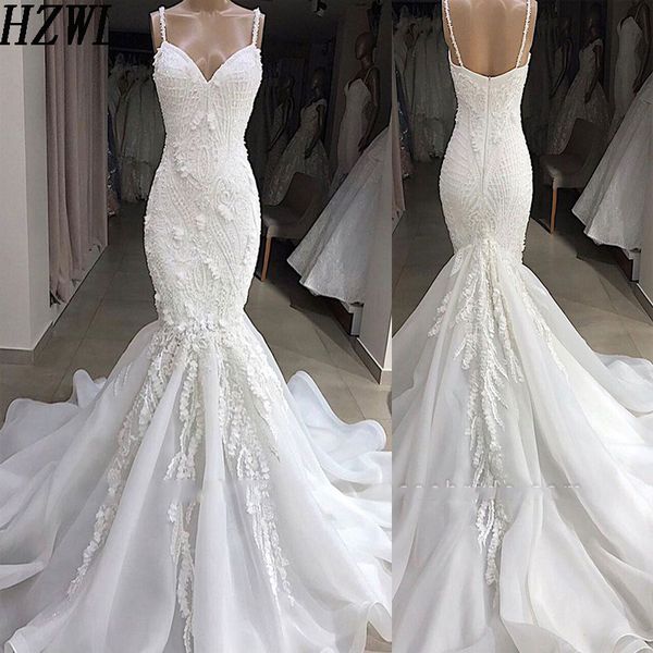 

spaghetti mermaid wedding dresses 2020 new arrival 3d applique lace zipper back custom made bride dress, White