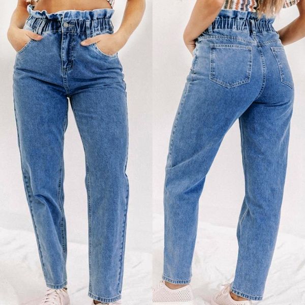 

women's jeans autumn and winter casual all-match trousers straight leg pants elastic waist, Blue