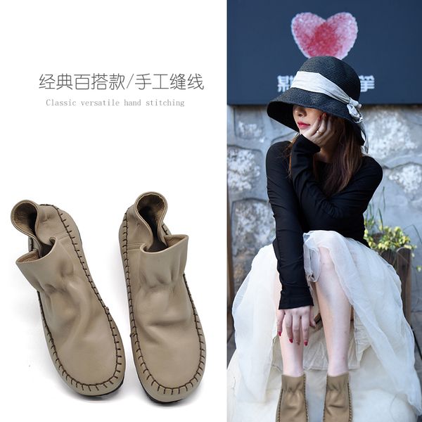 

artmu original new ankle boots for women genuine leather handmade short boots female single casual shoes flat comfortable, Black