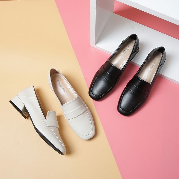 

low heels shoes women big size casual loafers leather pump square toe slide slip on shoes shallow oxford de mujer 2020, Black