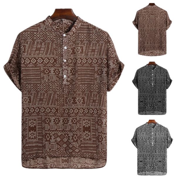 

european plus size new men's short-sleeved shirt ethnic style stand collar casual fashion printed male blouse summer shirt, White;black