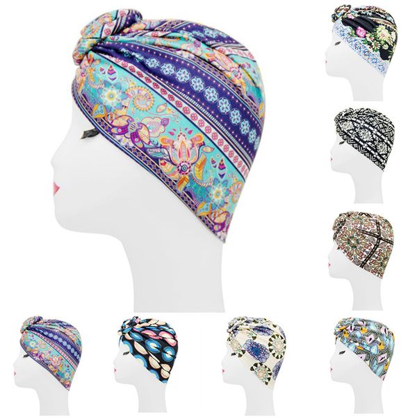 

2020 new fashion women flower muslim ruffle cancer chemo hat beanie scarf turban head wrap cap printed headwear lady hats new, Blue;gray