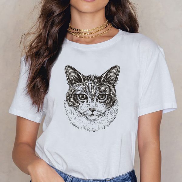 

t shirt women cat portrait casual black cotton female shirt