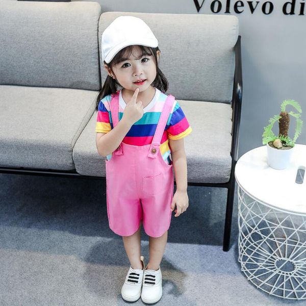 

new style girls clothing rainbow stripe short sleeve t-shirt + little wings suspender pants 2pcs suit for 1-4 yrs children set, White