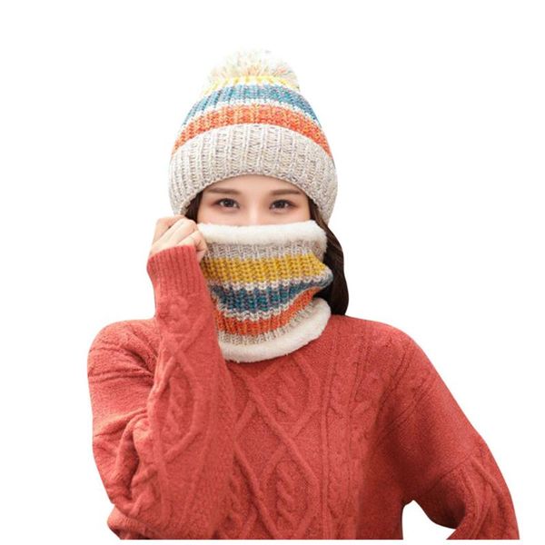 

autumn winter warm hat women braided crochet wool knitted beanie beret ski ball cap striped baggy hat skullies with scarf hot, Blue;gray