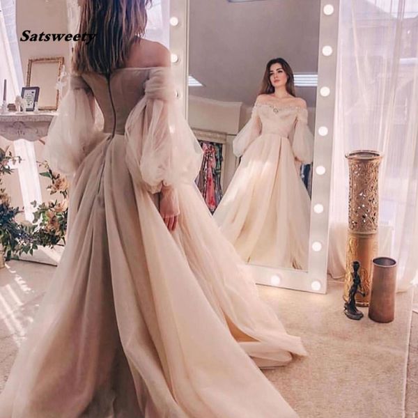 

satsweety 2023 ivory evening gowns organza off the shoulder long sleeves formal dress robe de soiree abiye prom dresses, Black