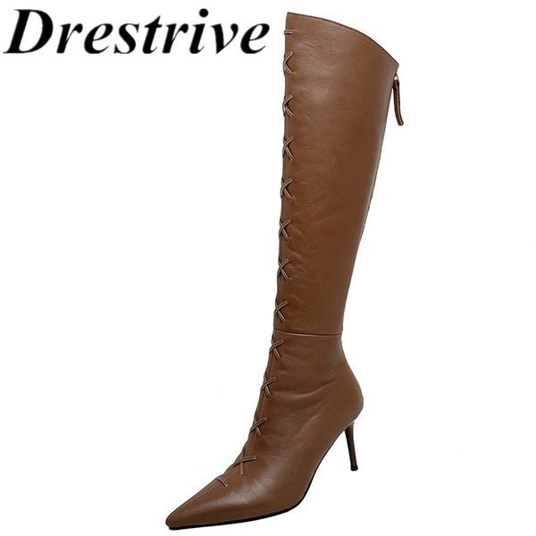 

drestrive женщины колено высокие сапоги овчины 2020 новое прибытие высокой пятки острым носом крест вязаные молния черный тонкие каблуки ,5, Black