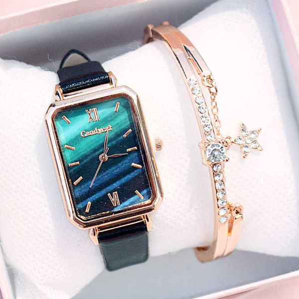 

women gradient color watch square dial bracelet watches set ladies leather band quartz wristwatch female clocks zegarek damski, Slivery;brown