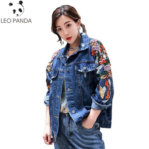 

2020 spring autumn new denim jacket loose heavy industry embroidery sleeves beaded sequins thin cowboy coat women, Black;brown