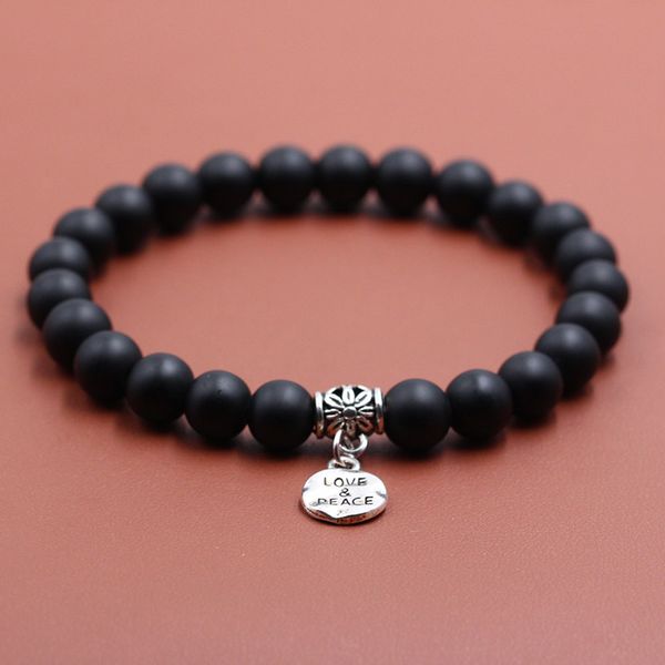 

8mm maglass stone bead bracelet love & peace charms women men strand diy handmade beads charm bracelets fashion jewelry gift, Black