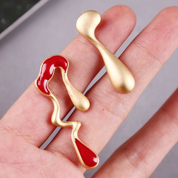 

korean simple red enamel asymmetrical drop earrings for women trendy cute irregular metal statement earring kawaii jewelry gifts, Silver