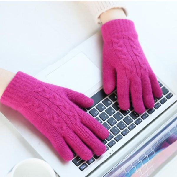 

outdoor women gloves soft elastic wrist double thickness knitted solid artificial wool autumn winter touchscreen daily, Blue;gray