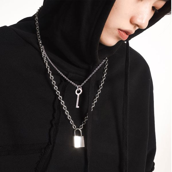 

pendant necklaces stainless steel key lock necklace double layer punk link chain padlock hiphop women men fashion gothic jewelry, Silver