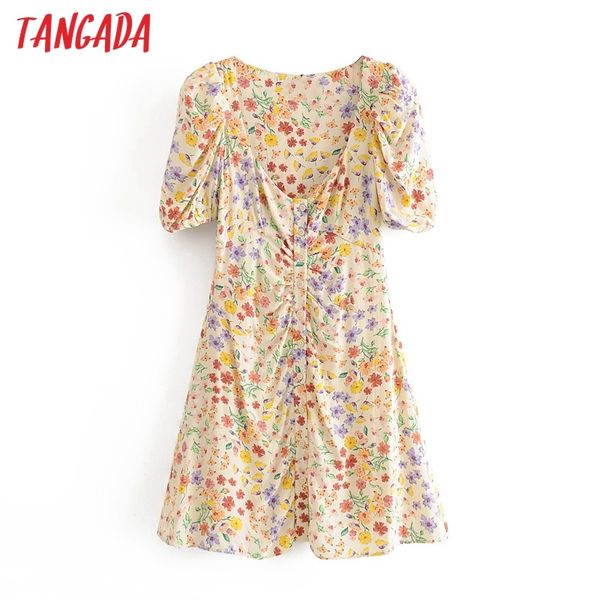 

tangada 2020 fashion women flowers print summer dress puff short sleeve ladies square neck mini dress with buttons 6a187 c200919, Black;pink
