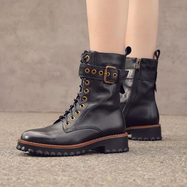 

sarairis luxury fashion boots women sewing boots ladies platform buckle lace up mid calf shoes, Black