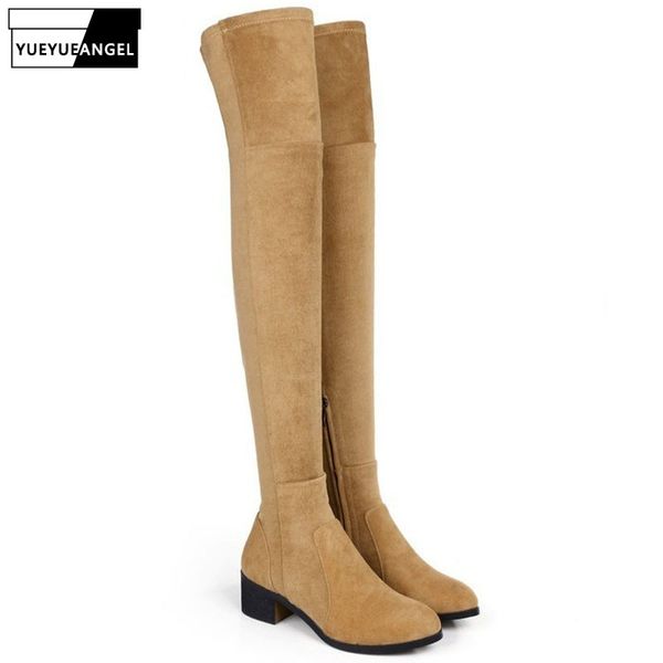 

brand genuine leather womens winter boots comfort block chunky heel elegant lady over the knee boots round toe shoes, Black