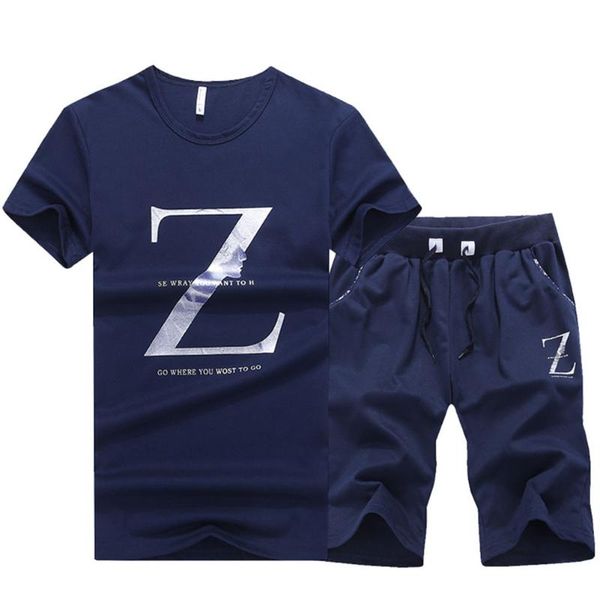 

men round collar suit summer letter printed daily base slim fit two-piece sport t-shirt+shorts set short sleeve boys causal, Gray