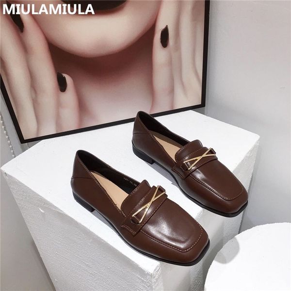 

size 35-40 2020 autumn korean fashion black brown parent leather square toe low heels flats shoes women slip-on loafers casual