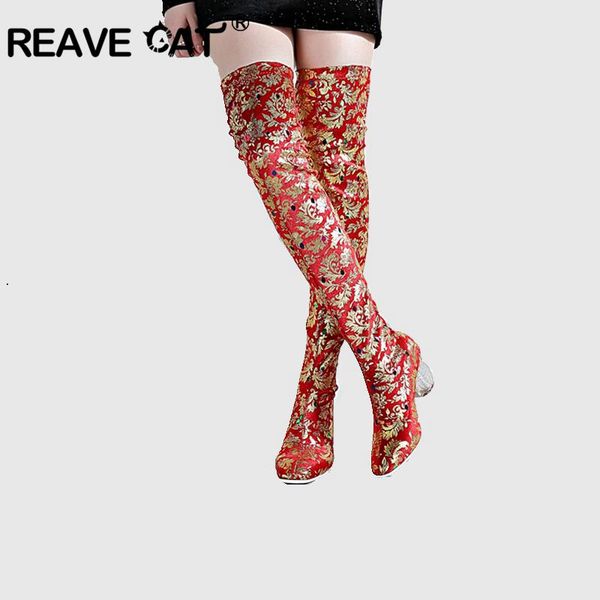 

reave cat spring autumn stretched over the knee slip on boots clear block heel shoes thigh high boots long booties runway party, Black