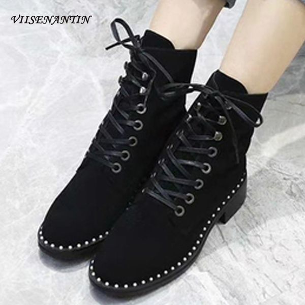 

boots british style pearl lace-up thick heel genuine leather black short motorcycle round toe flock crystal shoes for women