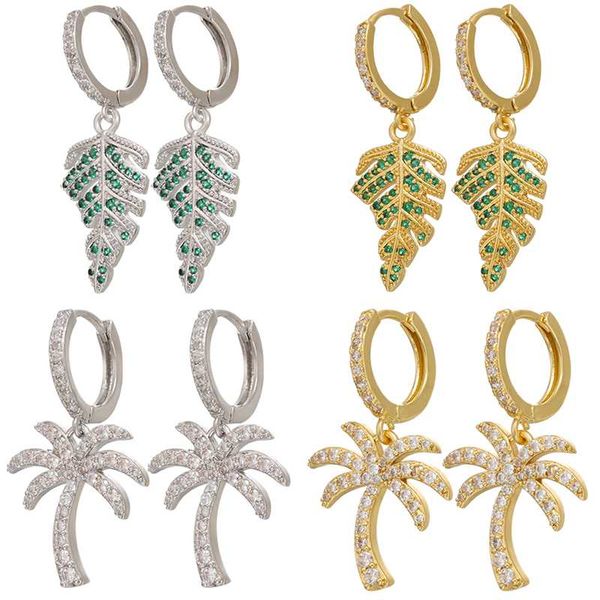 

hoop & huggie zhukou 1 piece cute cz crystal tree/leaves small earrings for women gold/silver color plants charms model:ve235, Golden;silver